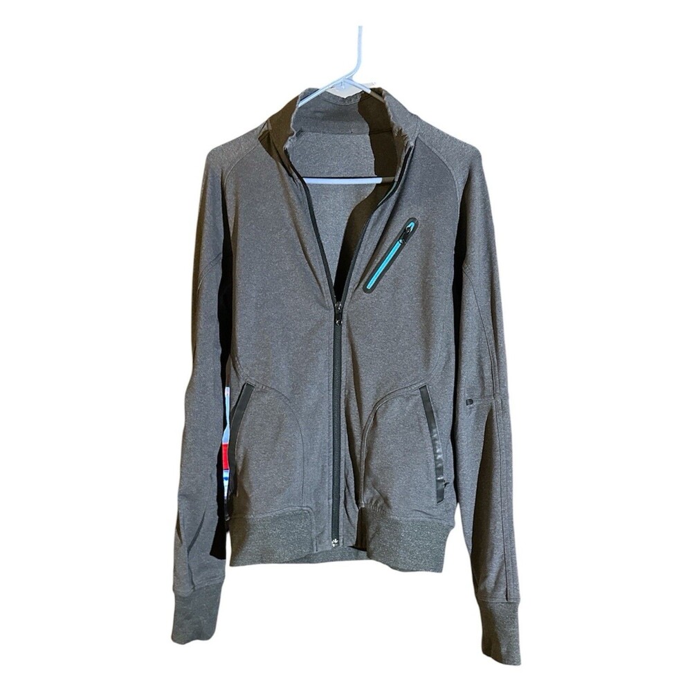 Lululemon Mens Sz MTrainer Jacket Gray Heathered Soot Aqua Zipper Full High Neck